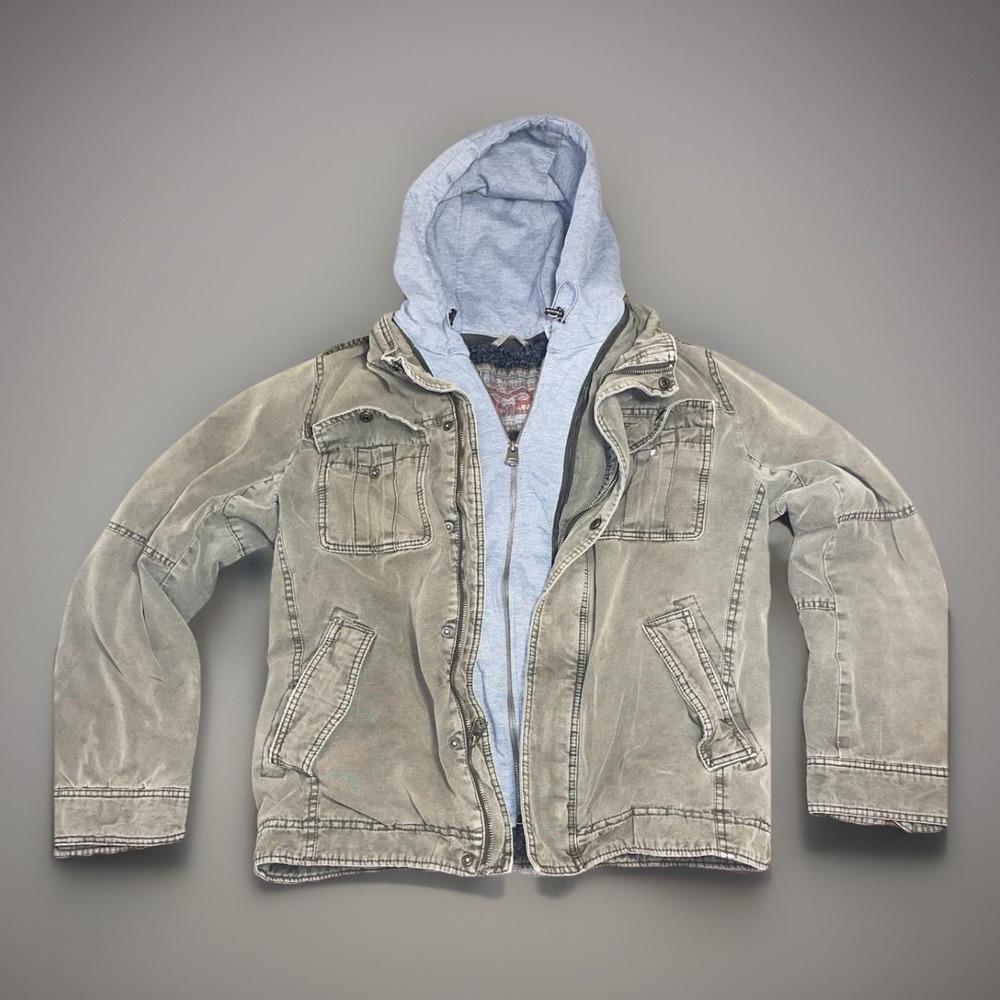 Vintage Levi Strauss Mens Jacket Grey Military Utility Zip Hooded Sherpa Small